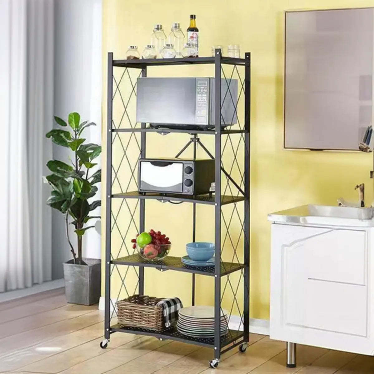 Foldable Black Steel Baker's Rack with Microwave Shelf
