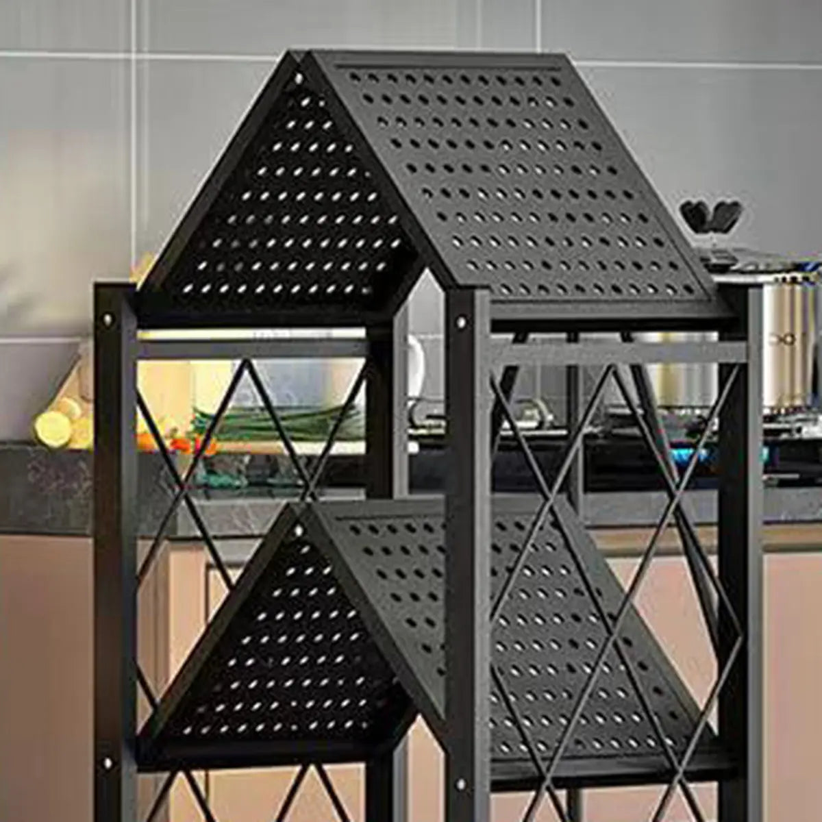 Foldable Black Steel Baker's Rack with Microwave Shelf