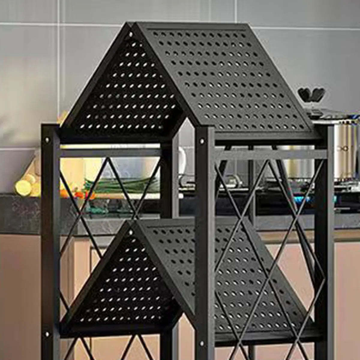 Foldable Black Steel Baker's Rack with Microwave Shelf