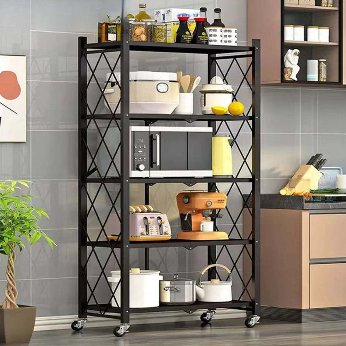 Foldable Black Steel Baker's Rack with Microwave Shelf — Black