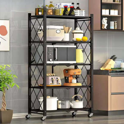 Foldable Black Steel Baker's Rack with Microwave Shelf — Black