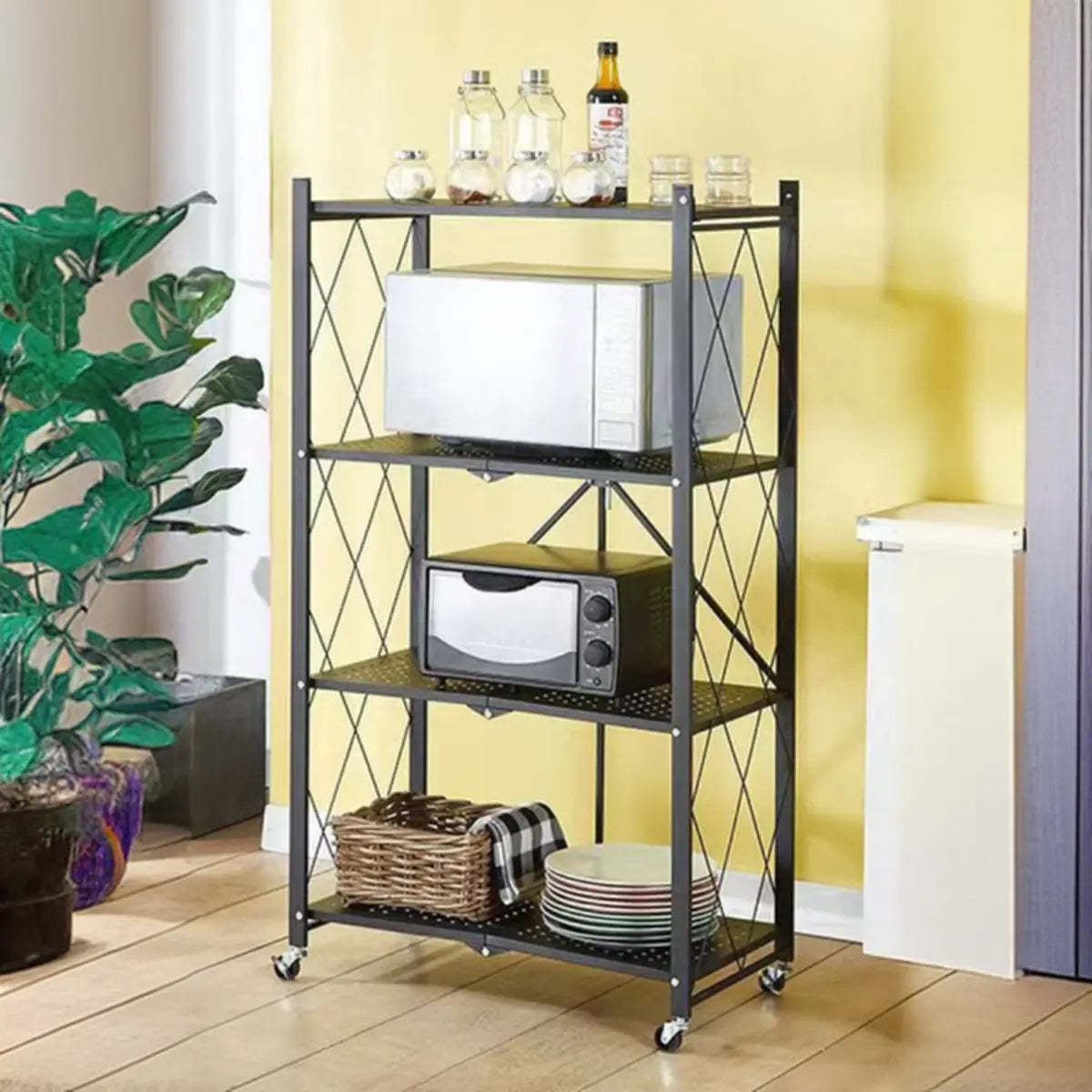 Foldable Black Steel Baker's Rack with Microwave Shelf — Black