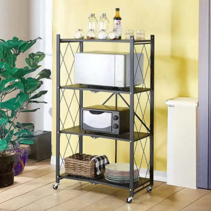 Foldable Black Steel Baker's Rack with Microwave Shelf — Black