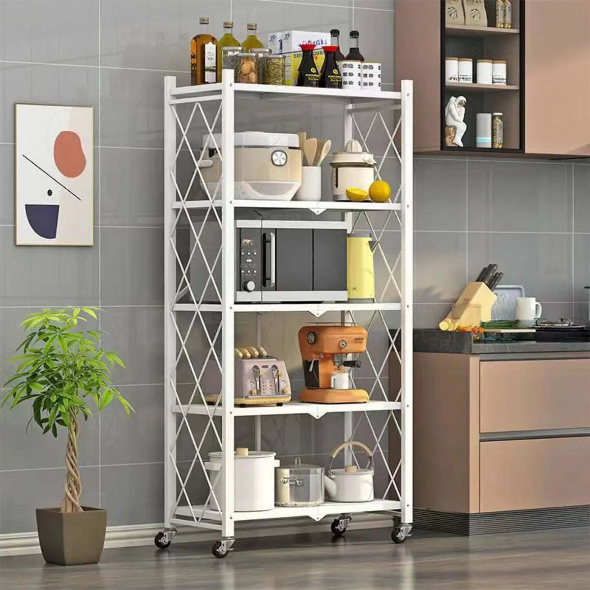 Foldable Black Steel Baker's Rack with Microwave Shelf — White