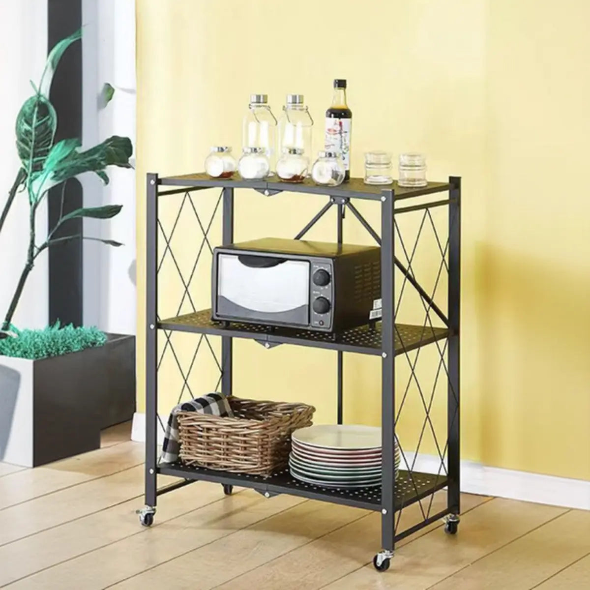 Foldable Black Steel Baker's Rack with Microwave Shelf — Black