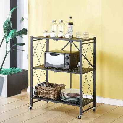 Foldable Black Steel Baker's Rack with Microwave Shelf — Black