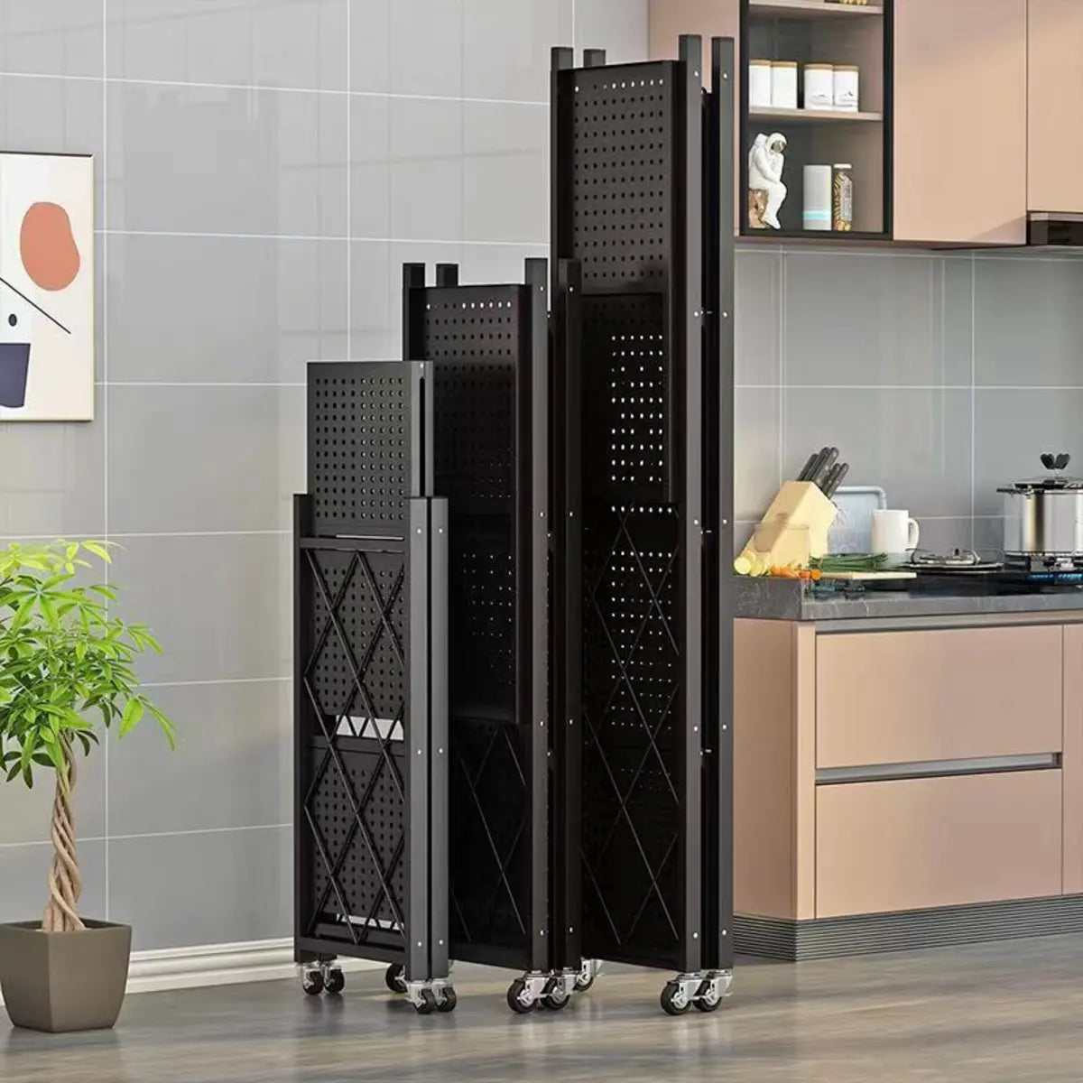 Foldable Black Steel Baker's Rack with Microwave Shelf — White