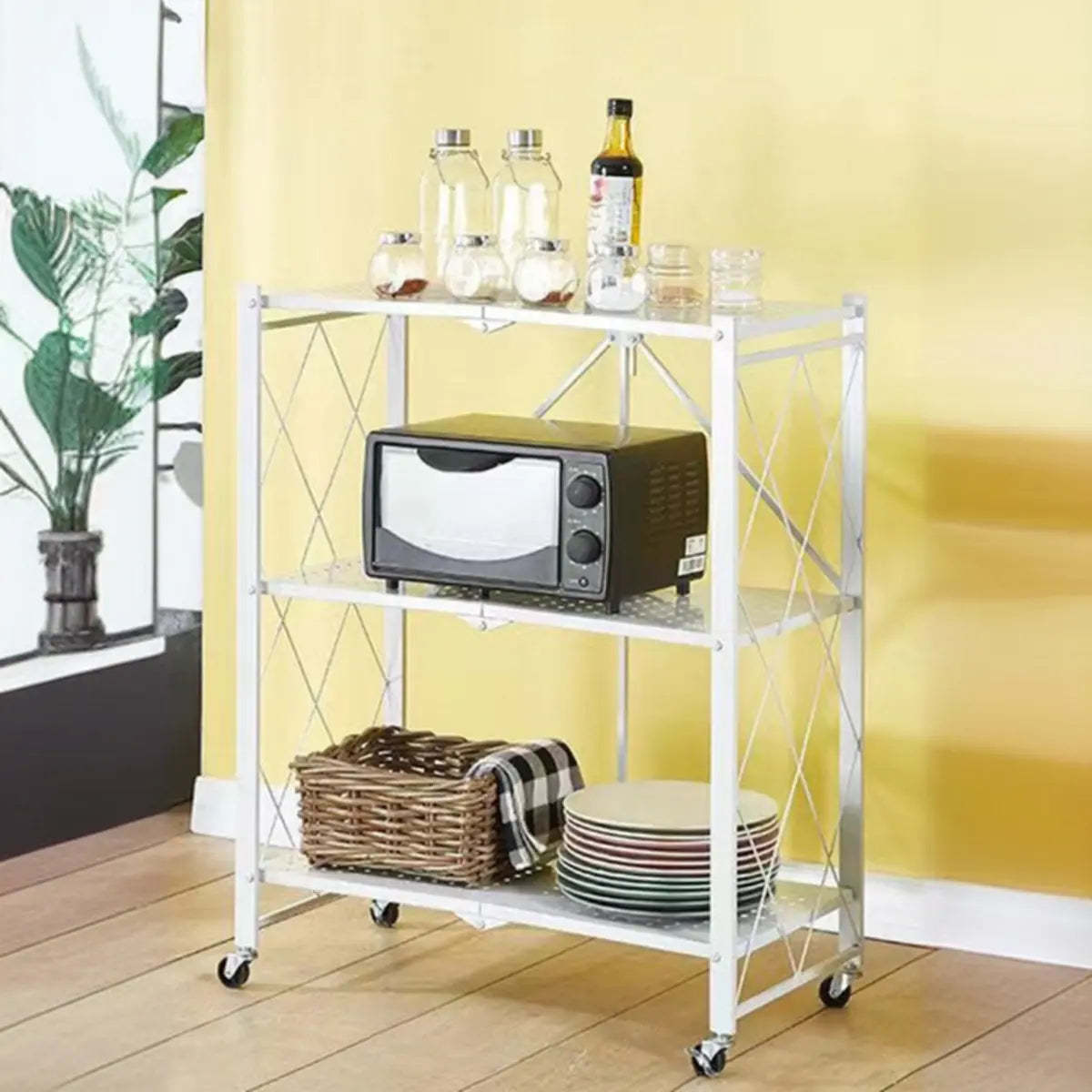 Foldable Black Steel Baker's Rack with Microwave Shelf