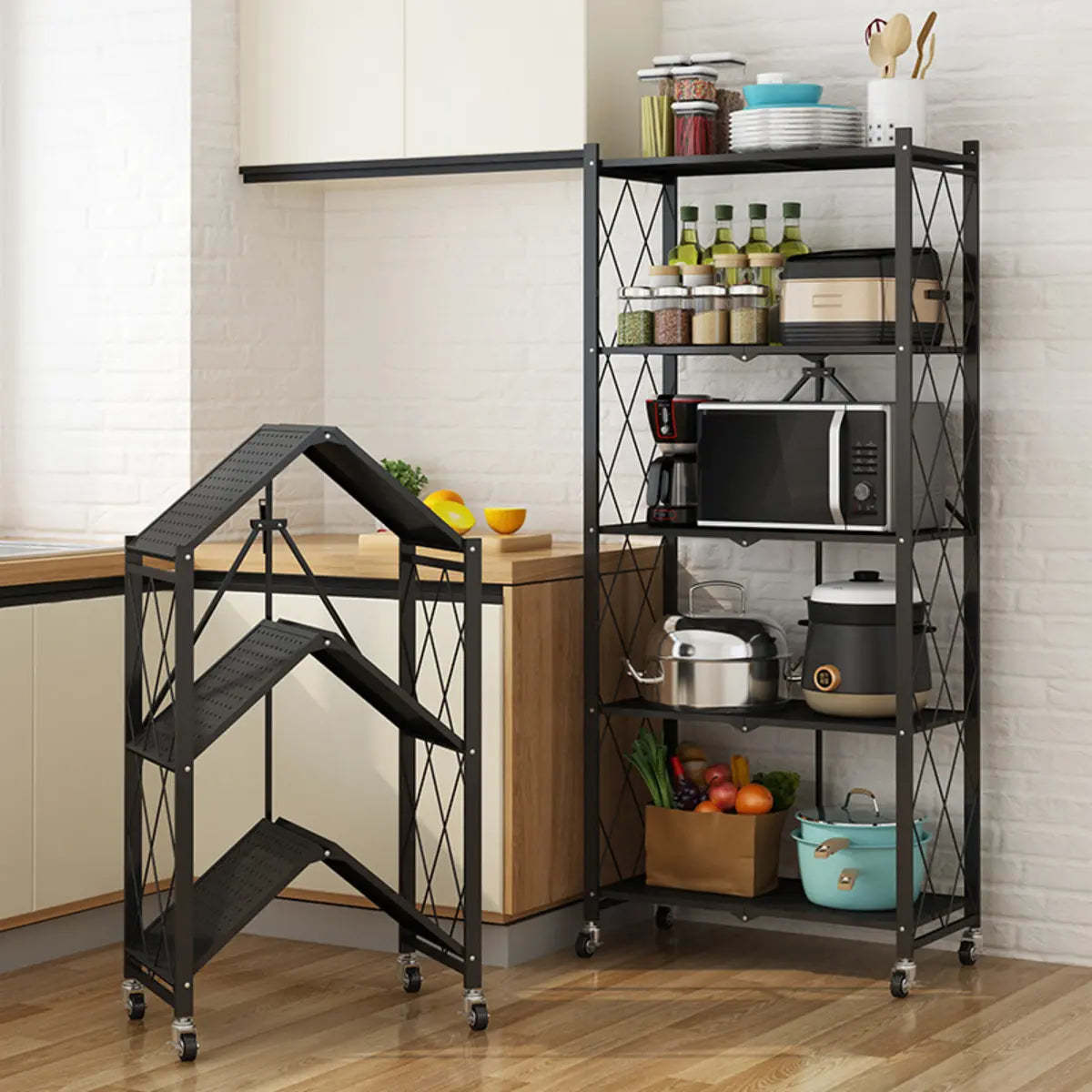 Foldable Iron Frame Baker's Rack with Microwave Shelf — Black