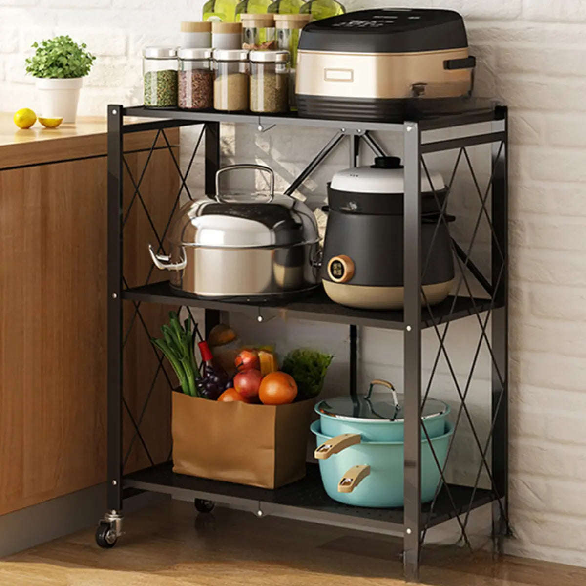 Foldable Iron Frame Baker's Rack with Microwave Shelf — White