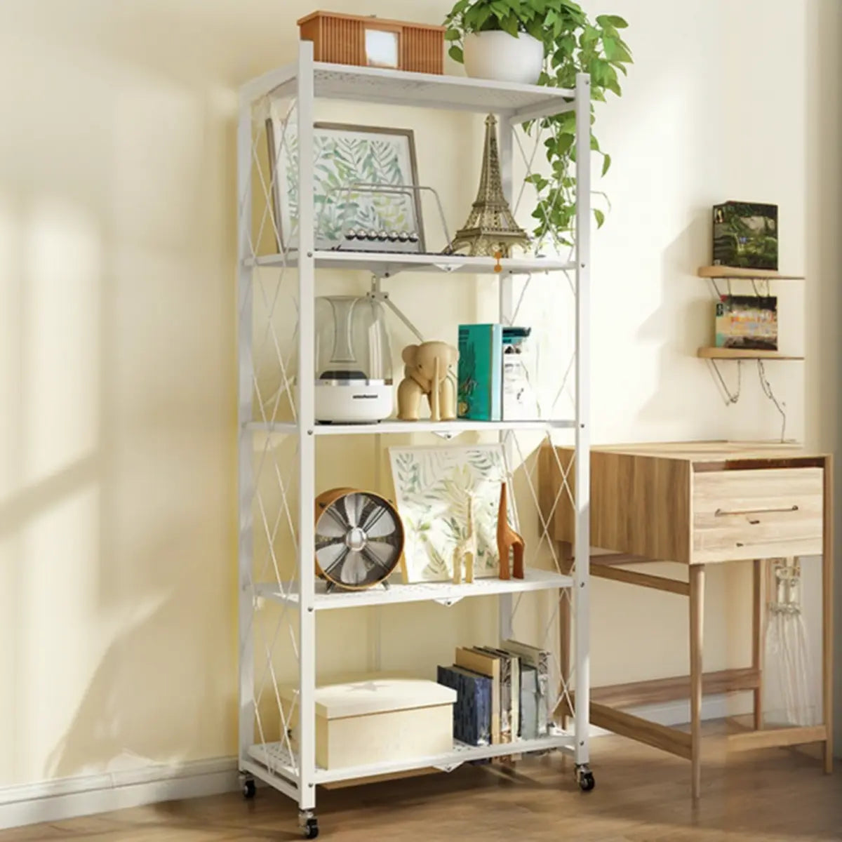 Foldable Iron Frame Baker's Rack with Microwave Shelf — Black