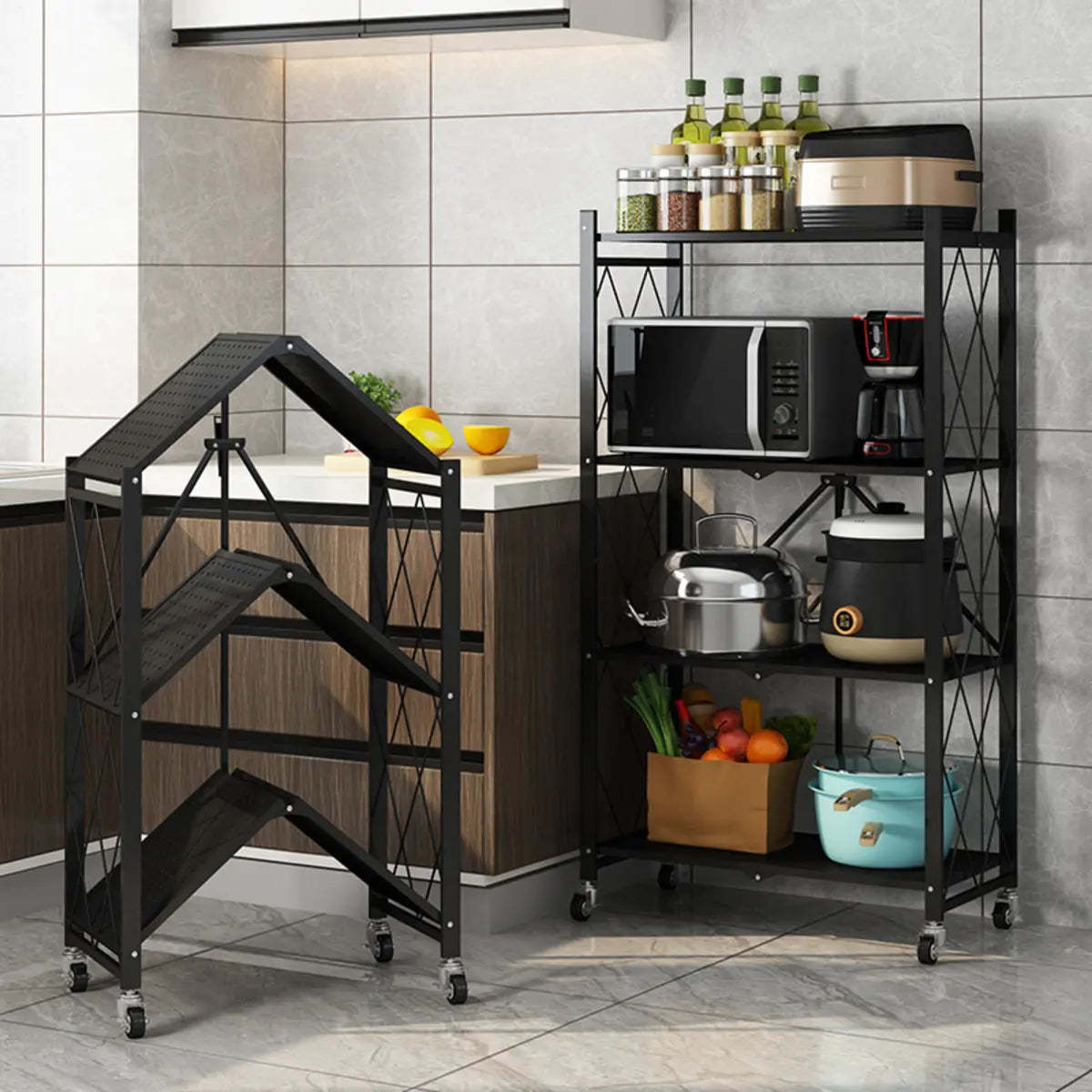 Foldable Iron Frame Baker's Rack with Microwave Shelf — White