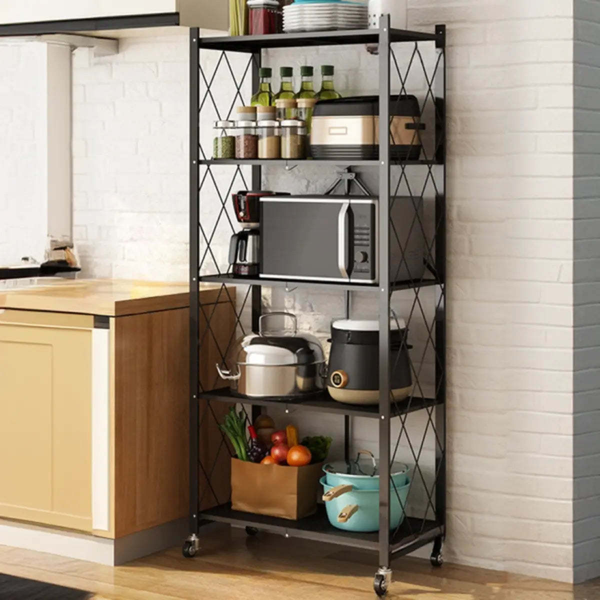 Foldable Iron Frame Baker's Rack with Microwave Shelf