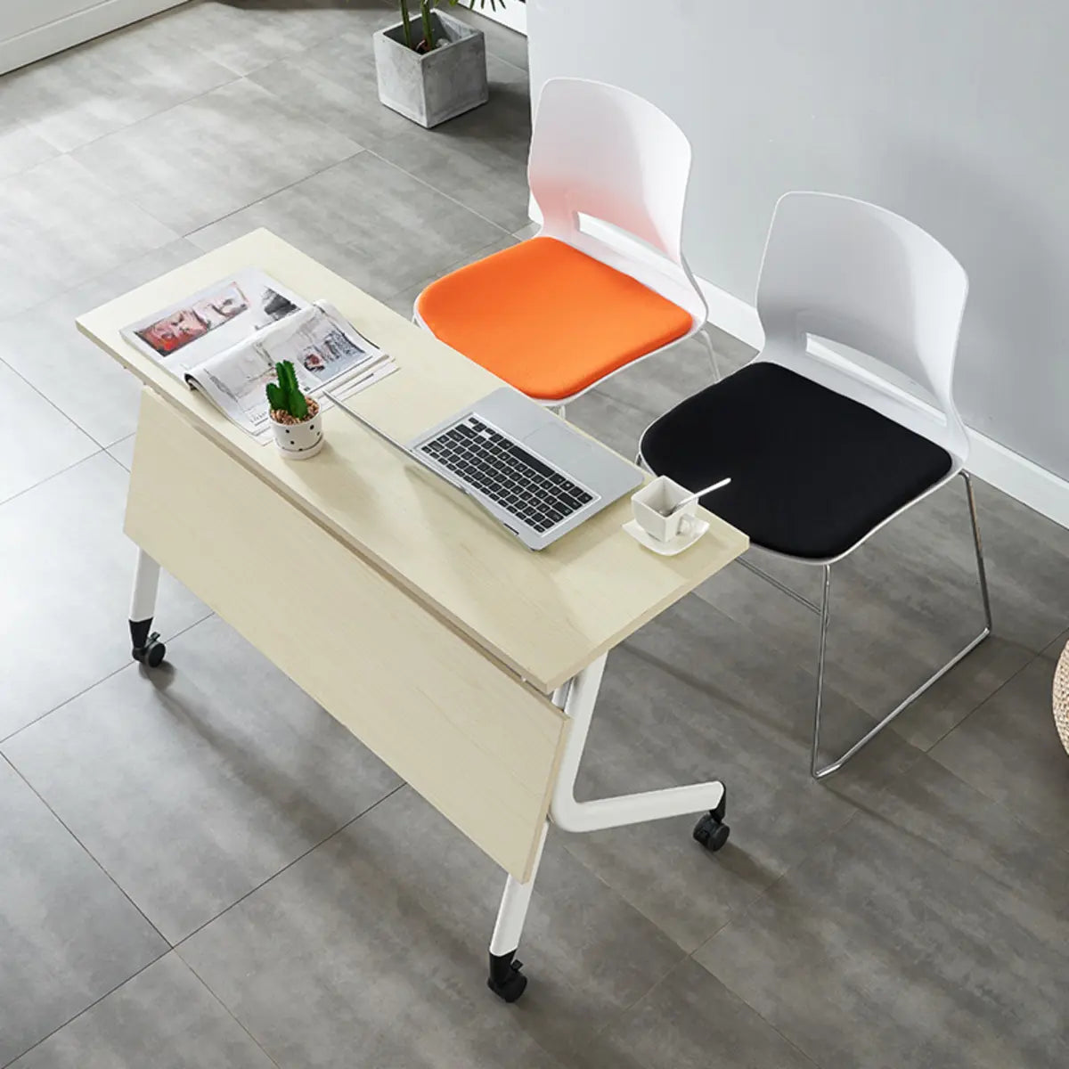 Foldable Movable Wood Double Computer Desk with Shelf — Without Chairs