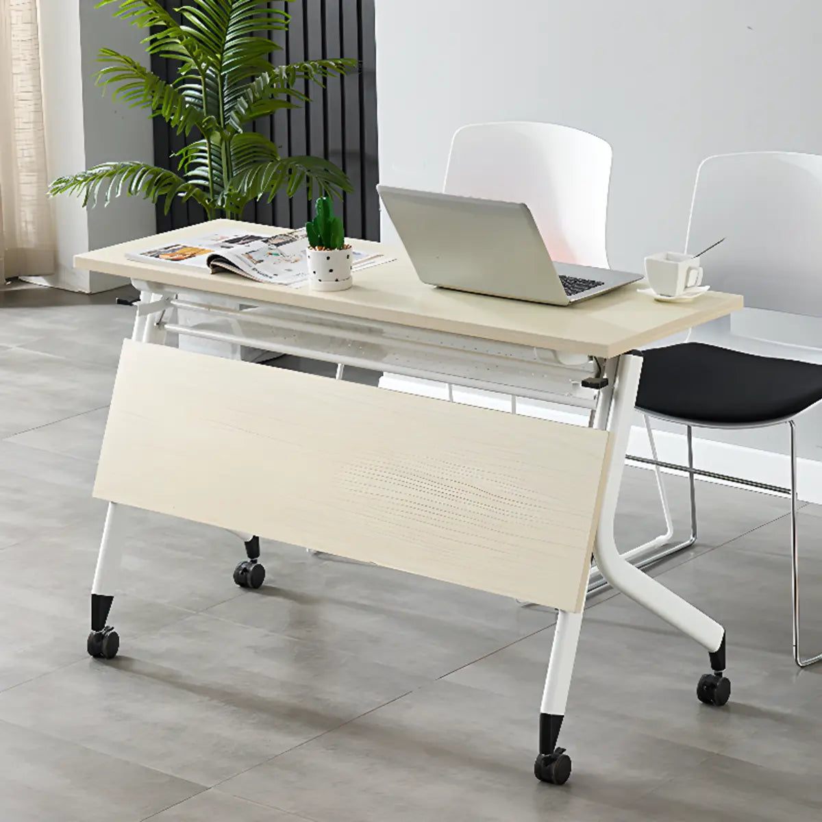 Foldable Movable Wood Double Computer Desk with Shelf — Without Chairs