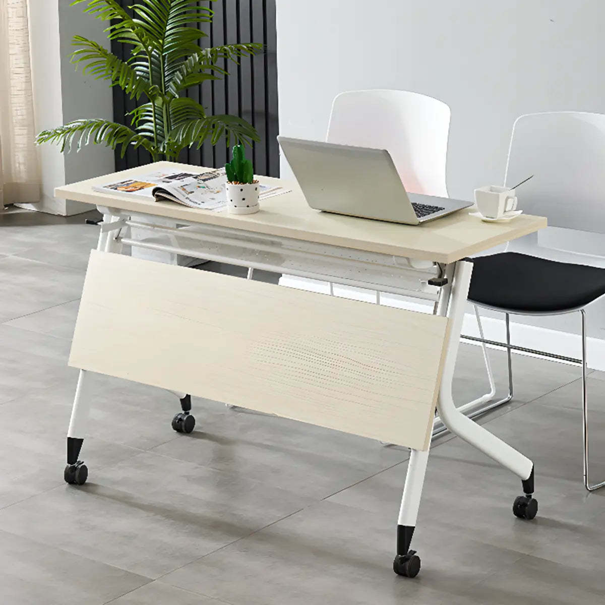 Foldable Movable Wood Double Computer Desk with Shelf — Without Chairs