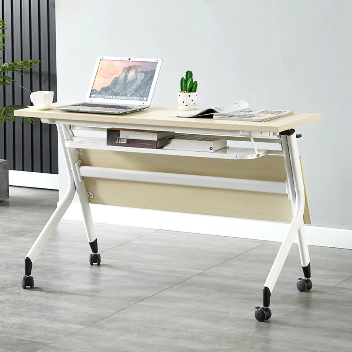 Foldable Movable Wood Double Computer Desk with Shelf — Without Chairs