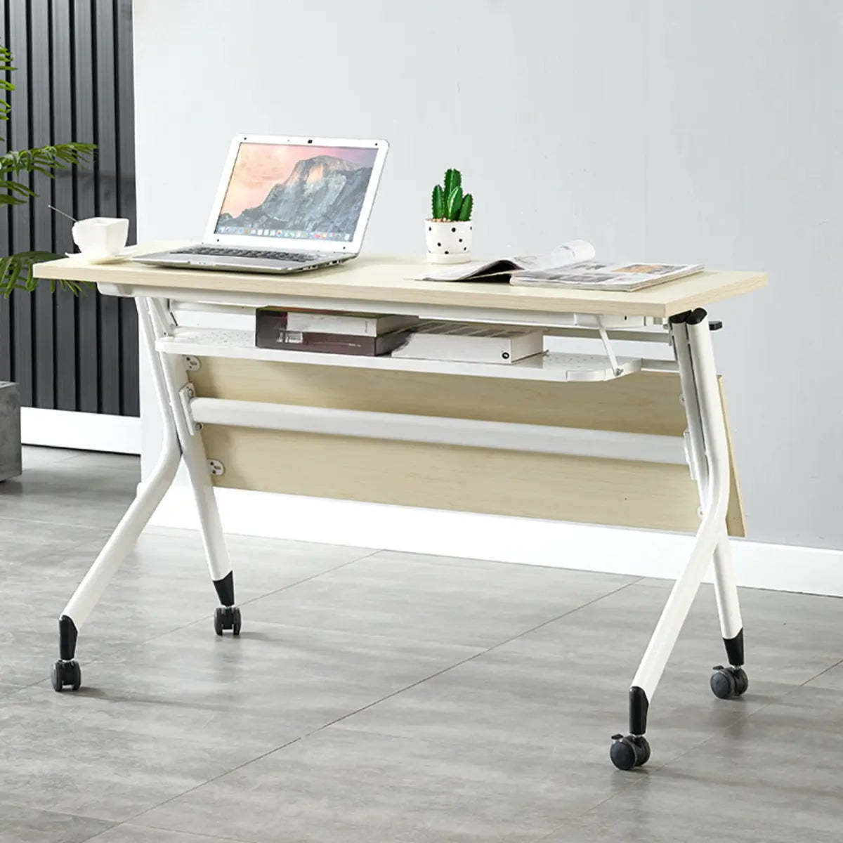 Foldable Movable Wood Double Computer Desk with Shelf — Without Chairs