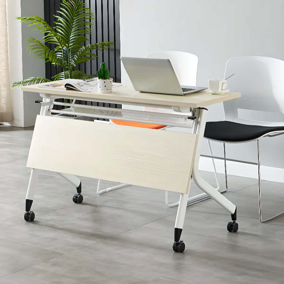Foldable Movable Wood Double Computer Desk with Shelf — Without Chairs
