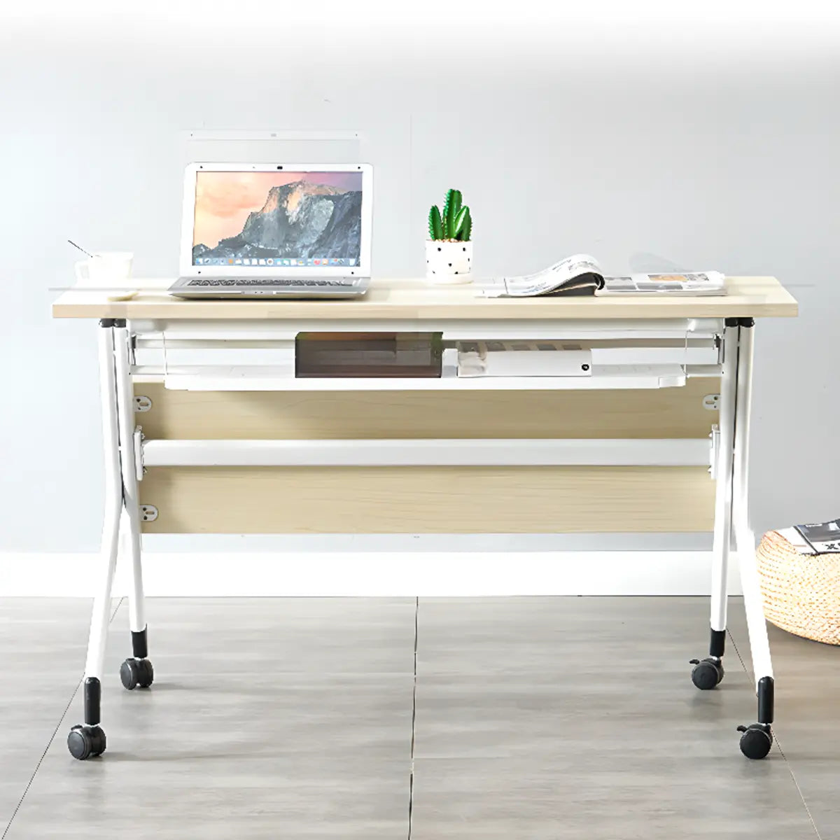 Foldable Movable Wood Double Computer Desk with Shelf — Without Chairs