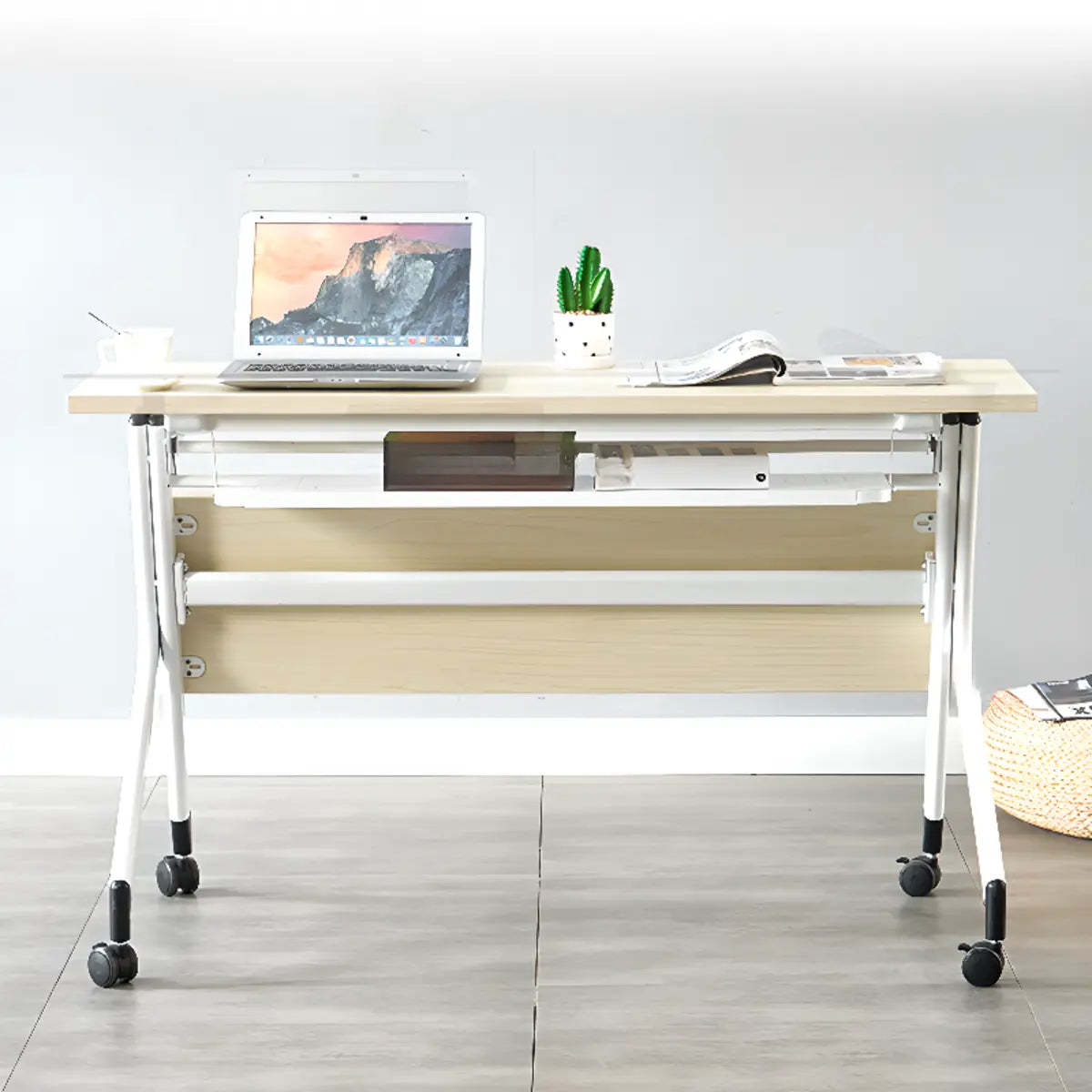 Foldable Movable Wood Double Computer Desk with Shelf — Without Chairs