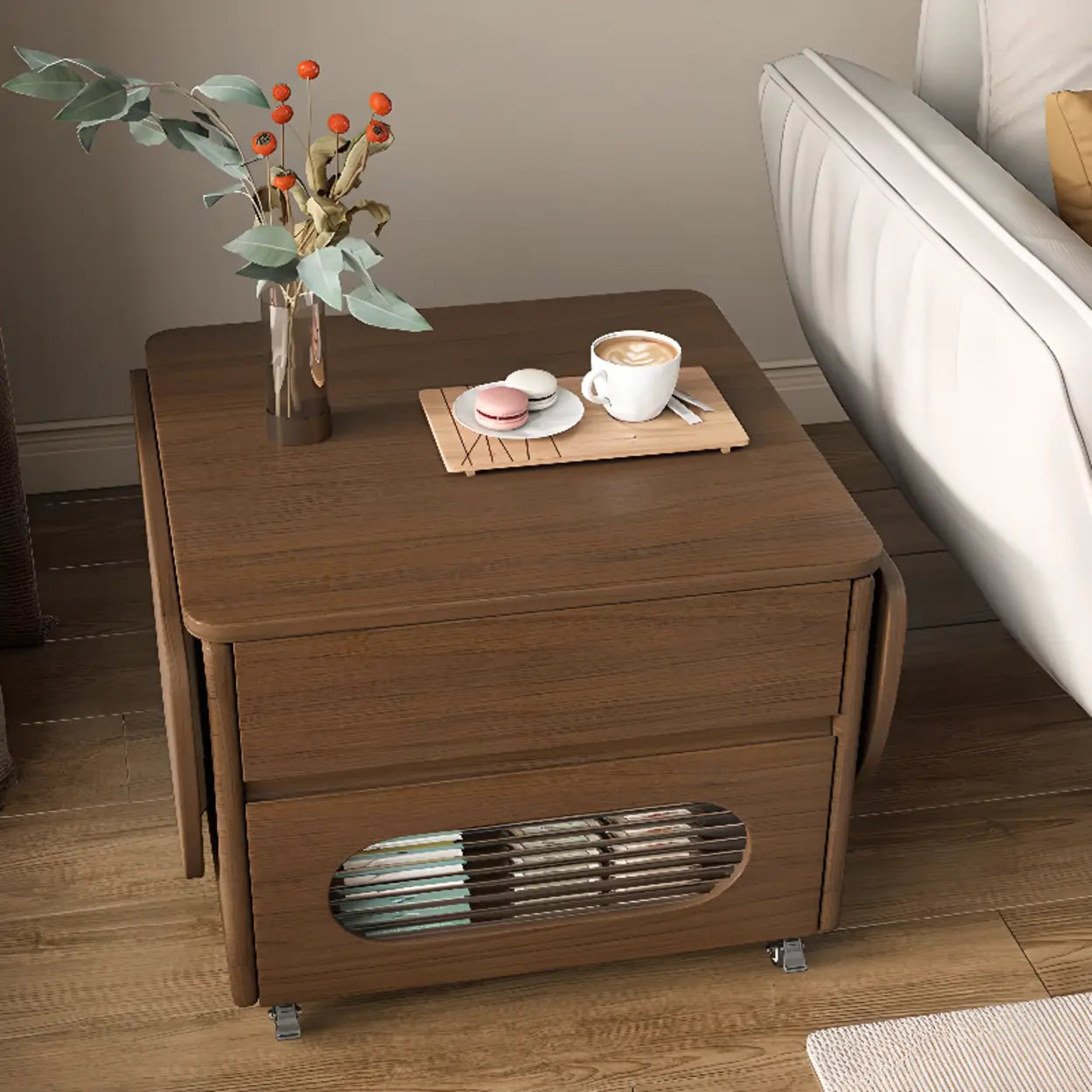 Foldable Oval Brown Wood Coffee Table with Drawer and Wheels