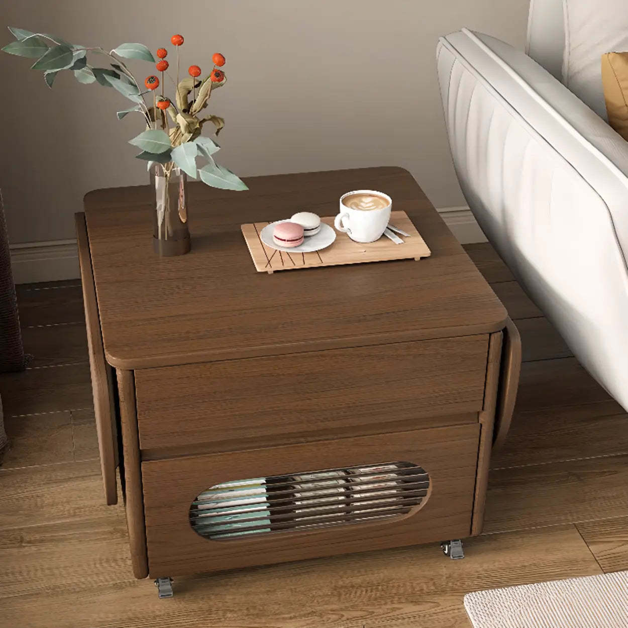 Foldable Oval Brown Wood Coffee Table with Drawer and Wheels