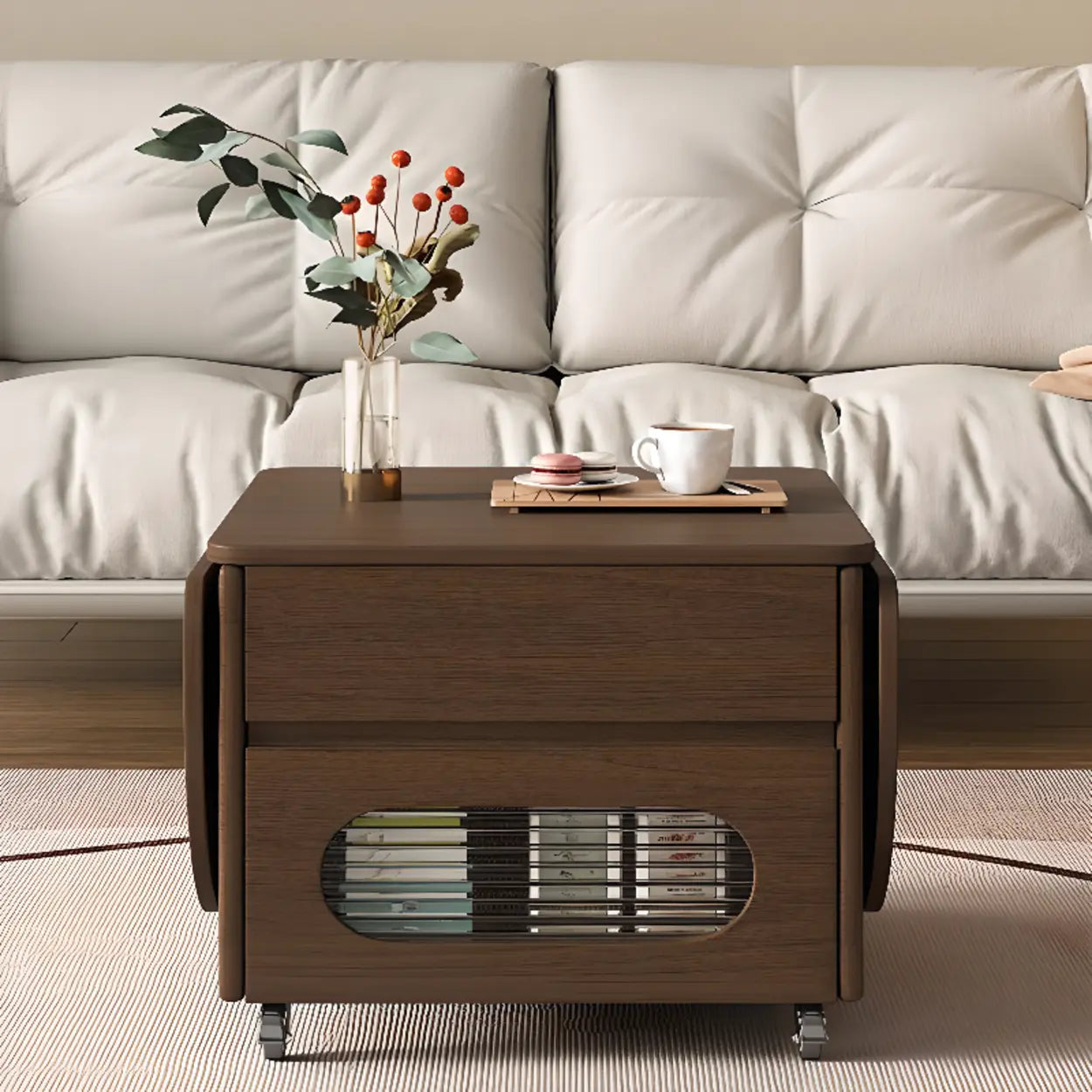 Foldable Oval Brown Wood Coffee Table with Drawer and Wheels