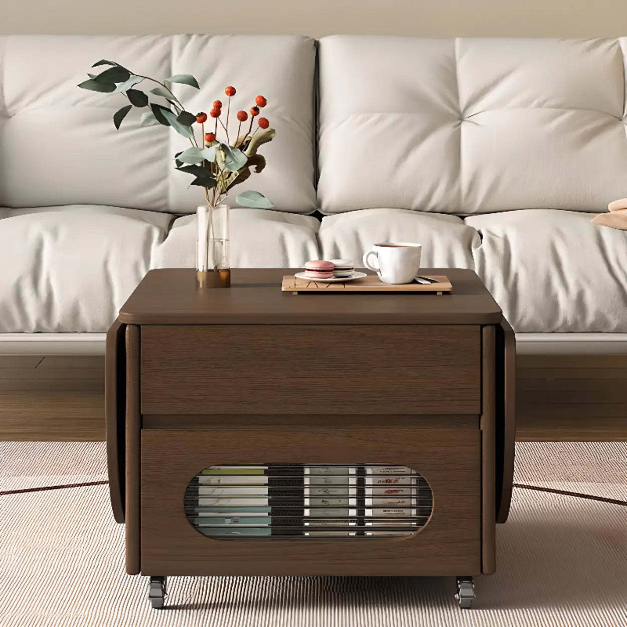 Foldable Oval Brown Wood Coffee Table with Drawer and Wheels