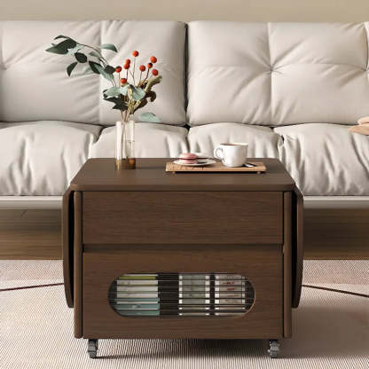 Foldable Oval Brown Wood Coffee Table with Drawer and Wheels
