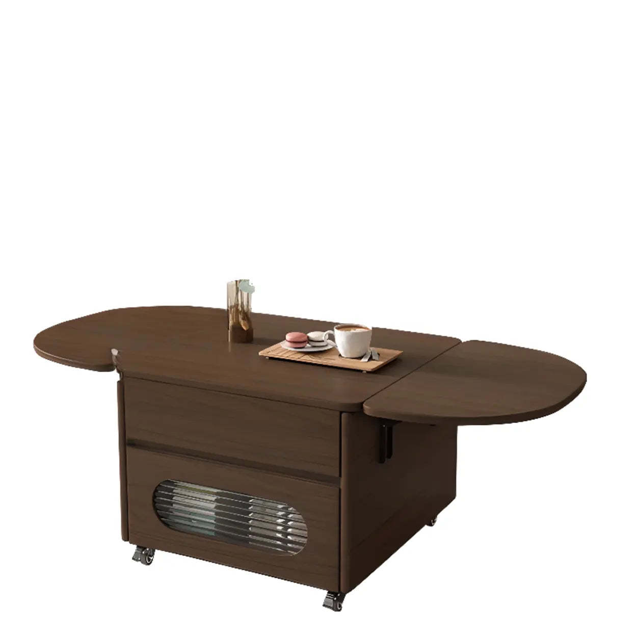 Foldable Oval Brown Wood Coffee Table with Drawer and Wheels