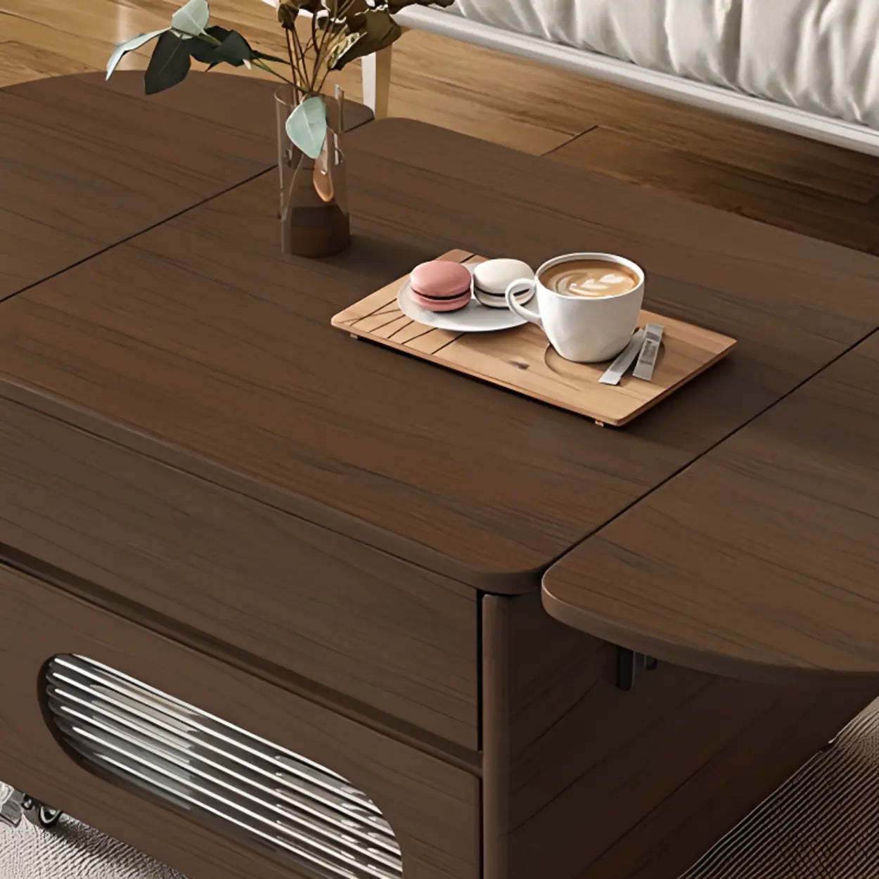 Foldable Oval Brown Wood Coffee Table with Drawer and Wheels