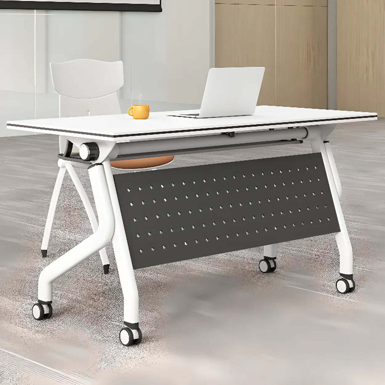 Foldable Rectangular Writing Desk with Shelf and Casters — Table Only