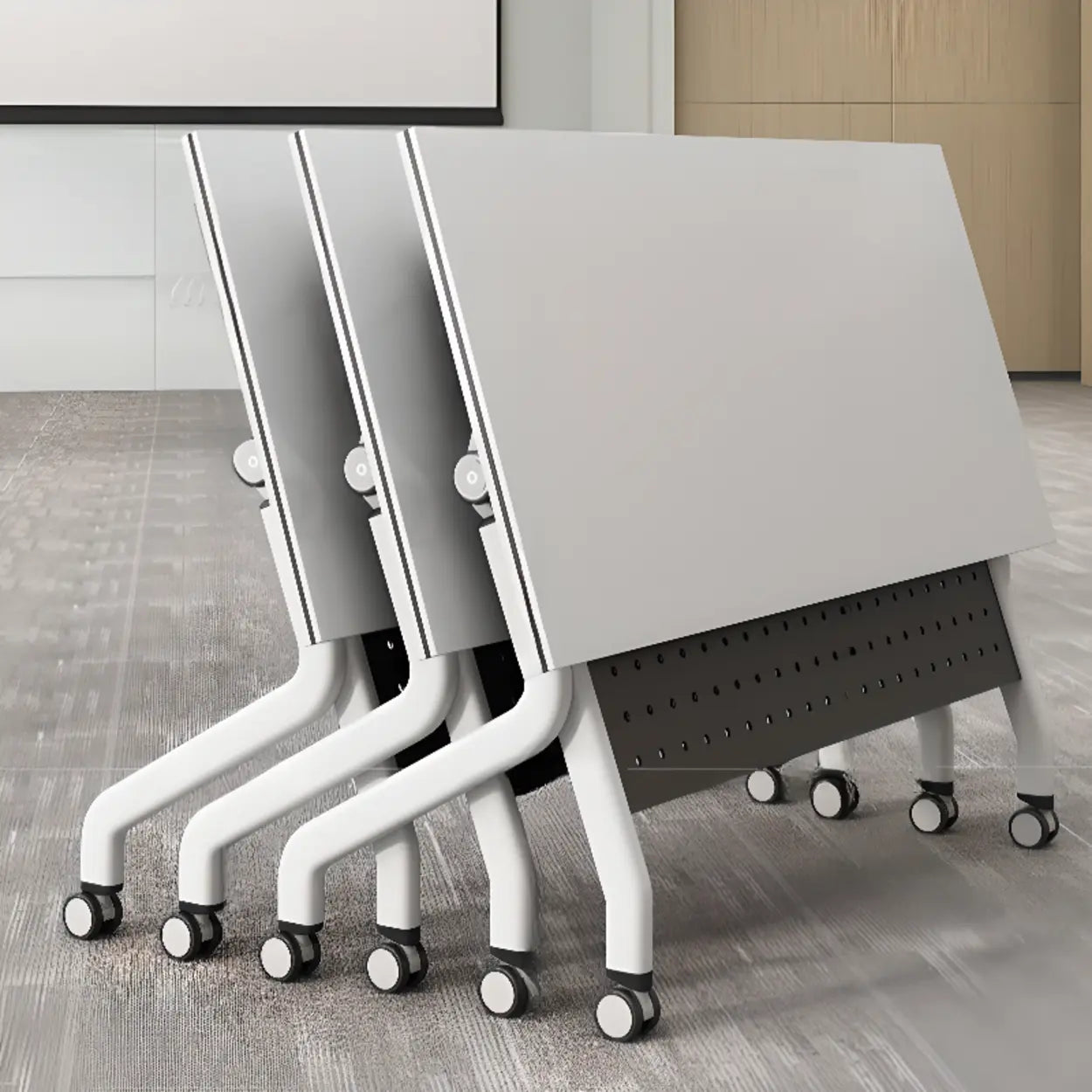 Foldable Rectangular Writing Desk with Shelf and Casters — Table Only