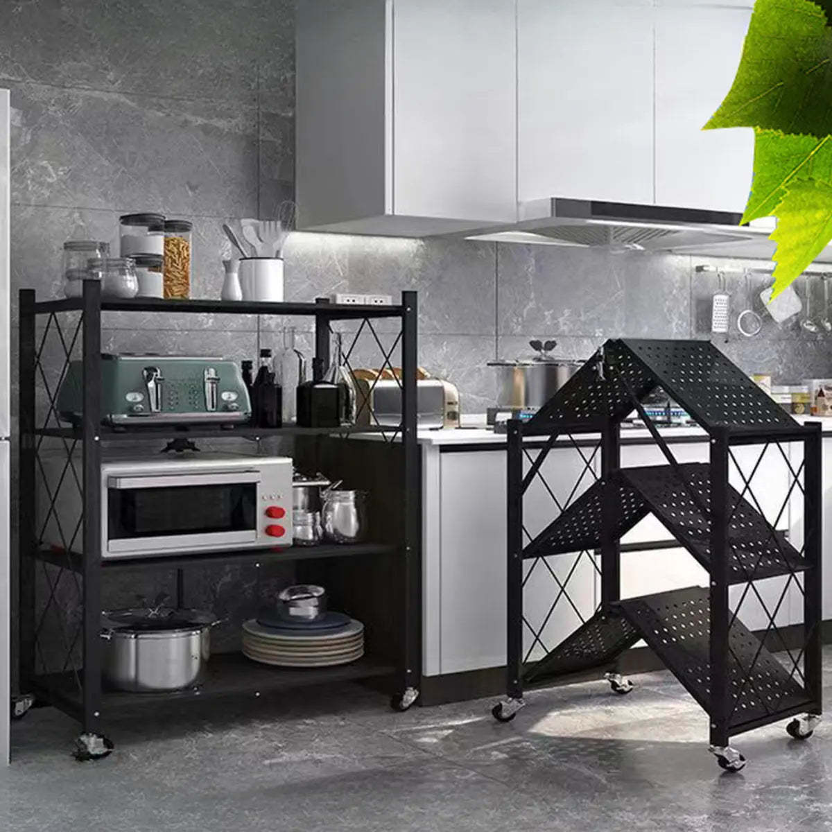 Foldable Stainless Steel Baker's Rack with Shelves — Black / 3