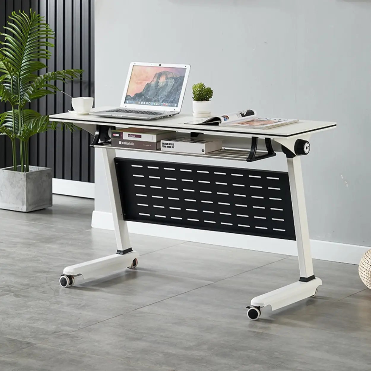 Foldable Wood Shelving Writing Desk with Casters — Table Only