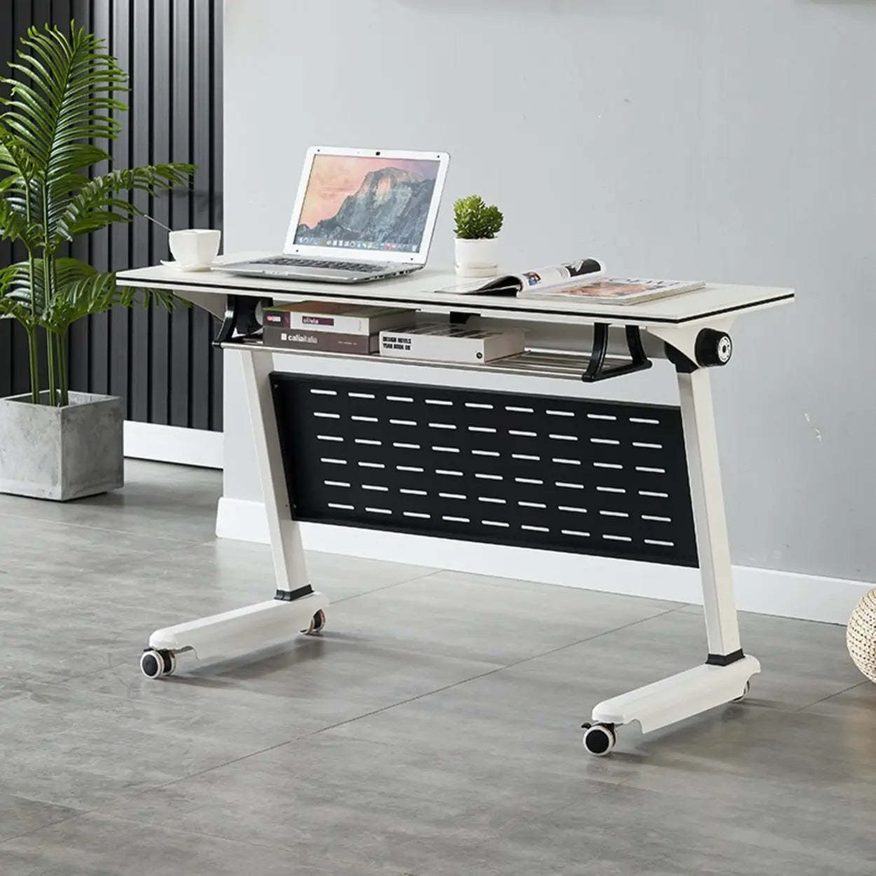 Foldable Wood Shelving Writing Desk with Casters — Table Only