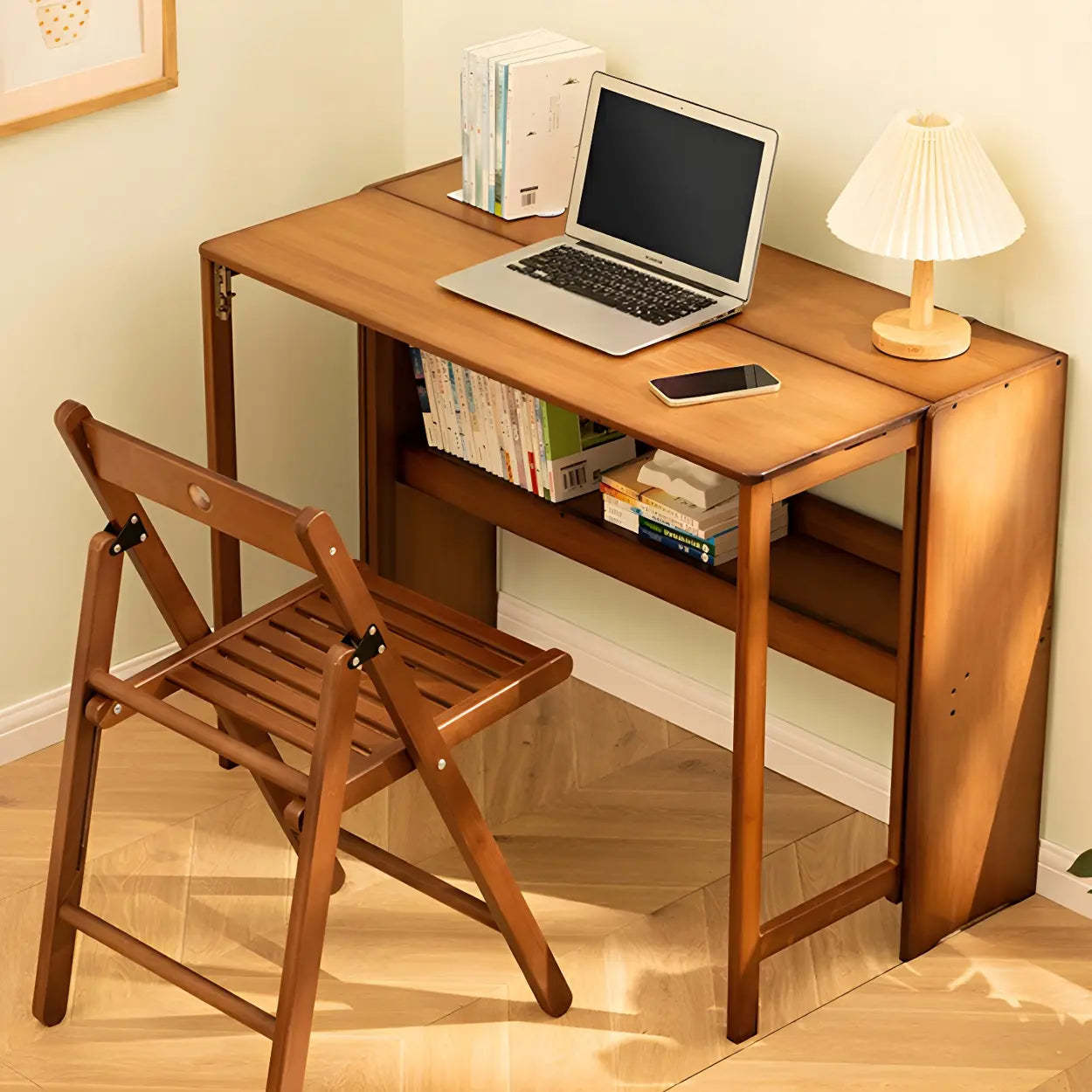 Foldable Wood H-Base Writing Desk with Shelf — Natural Finish / Table Only