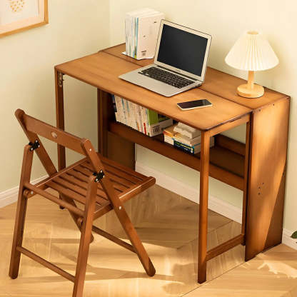 Foldable Wood H-Base Writing Desk with Shelf — Natural Finish / Table Only
