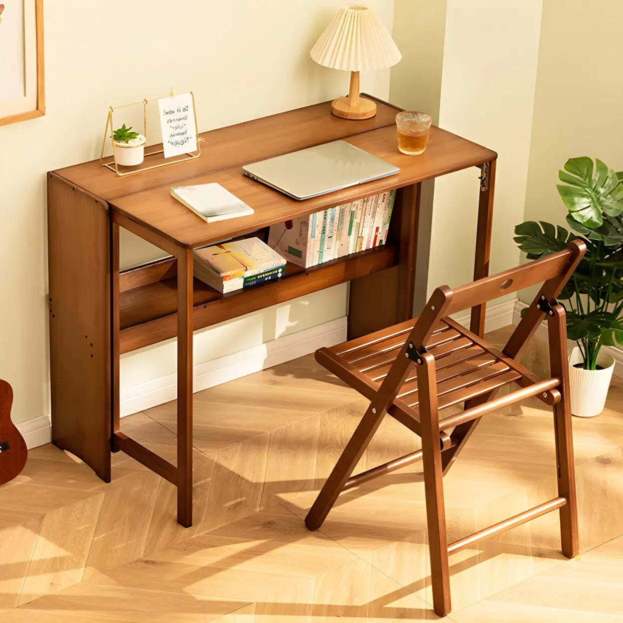 Foldable Wood H-Base Writing Desk with Shelf
