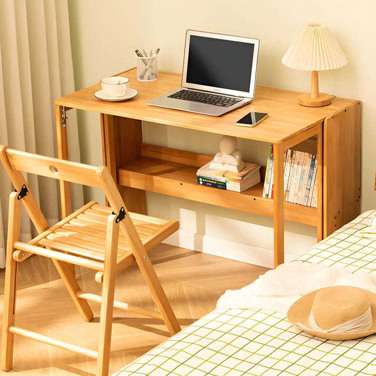Foldable Wood H-Base Writing Desk with Shelf