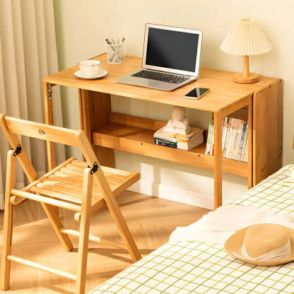 Foldable Wood H-Base Writing Desk with Shelf