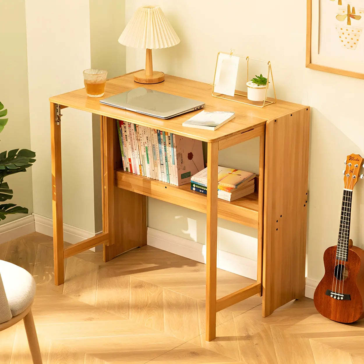 Foldable Wood H-Base Writing Desk with Shelf