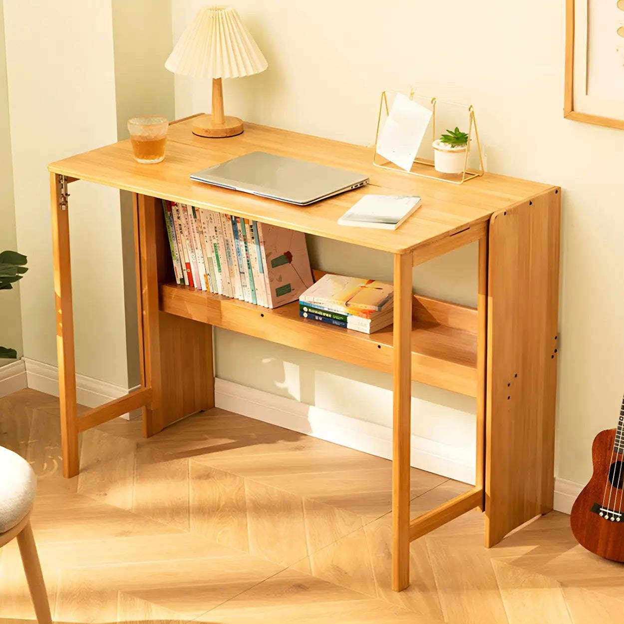 Foldable Wood H-Base Writing Desk with Shelf