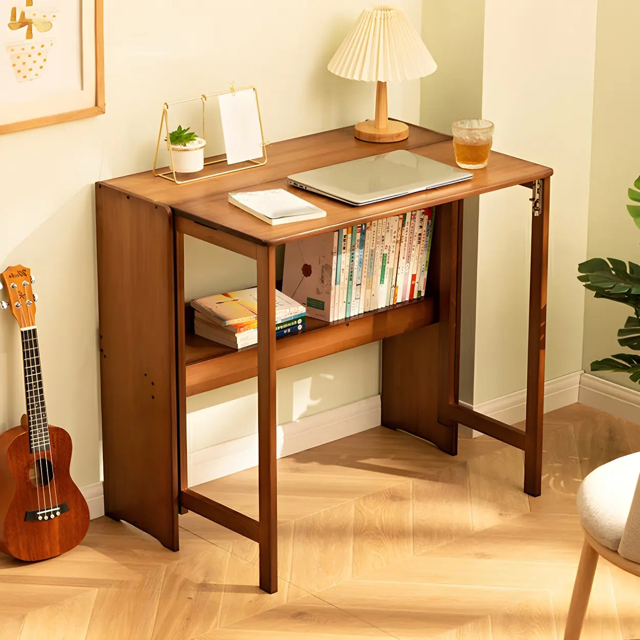 Foldable Wood H-Base Writing Desk with Shelf — Brown / Table Only