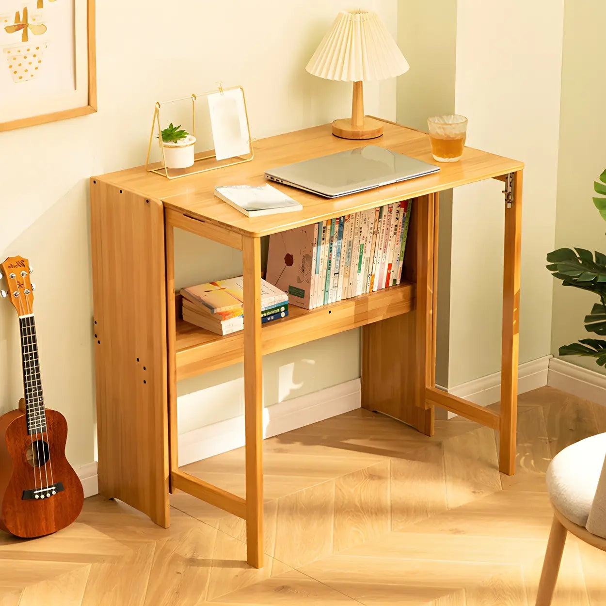 Foldable Wood H-Base Writing Desk with Shelf — Natural Finish / Table Only