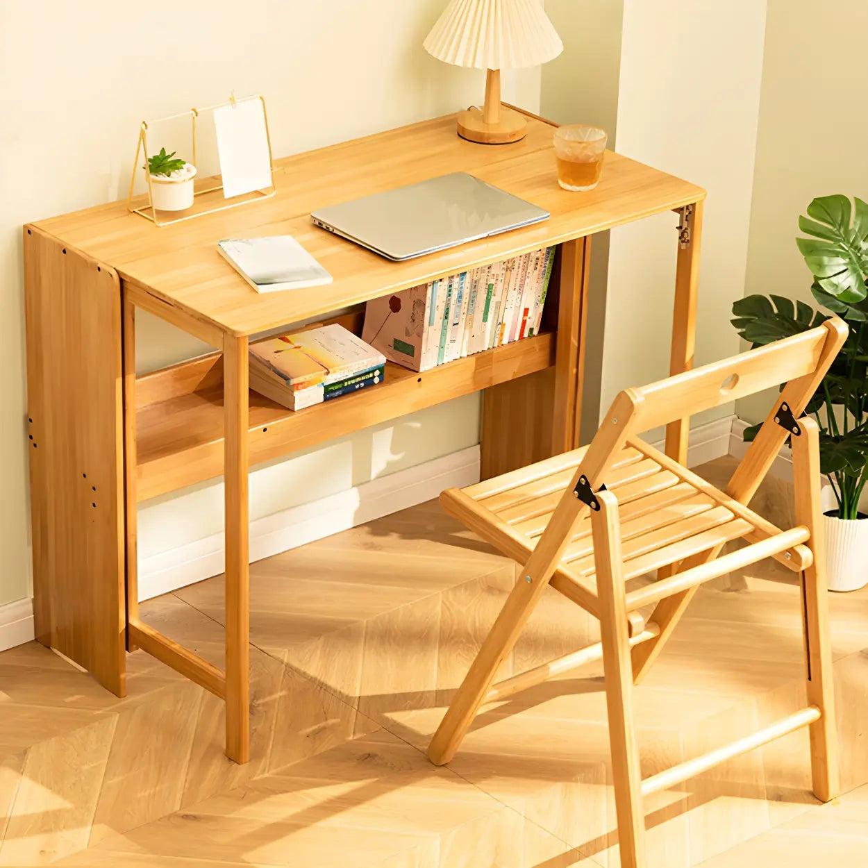 Foldable Wood H-Base Writing Desk with Shelf — Brown / Table Only