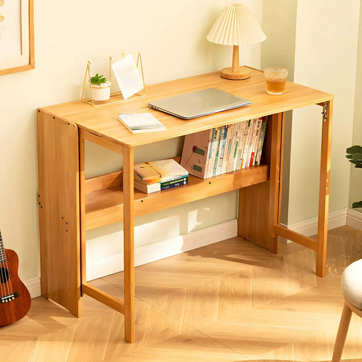 Foldable Wood H-Base Writing Desk with Shelf