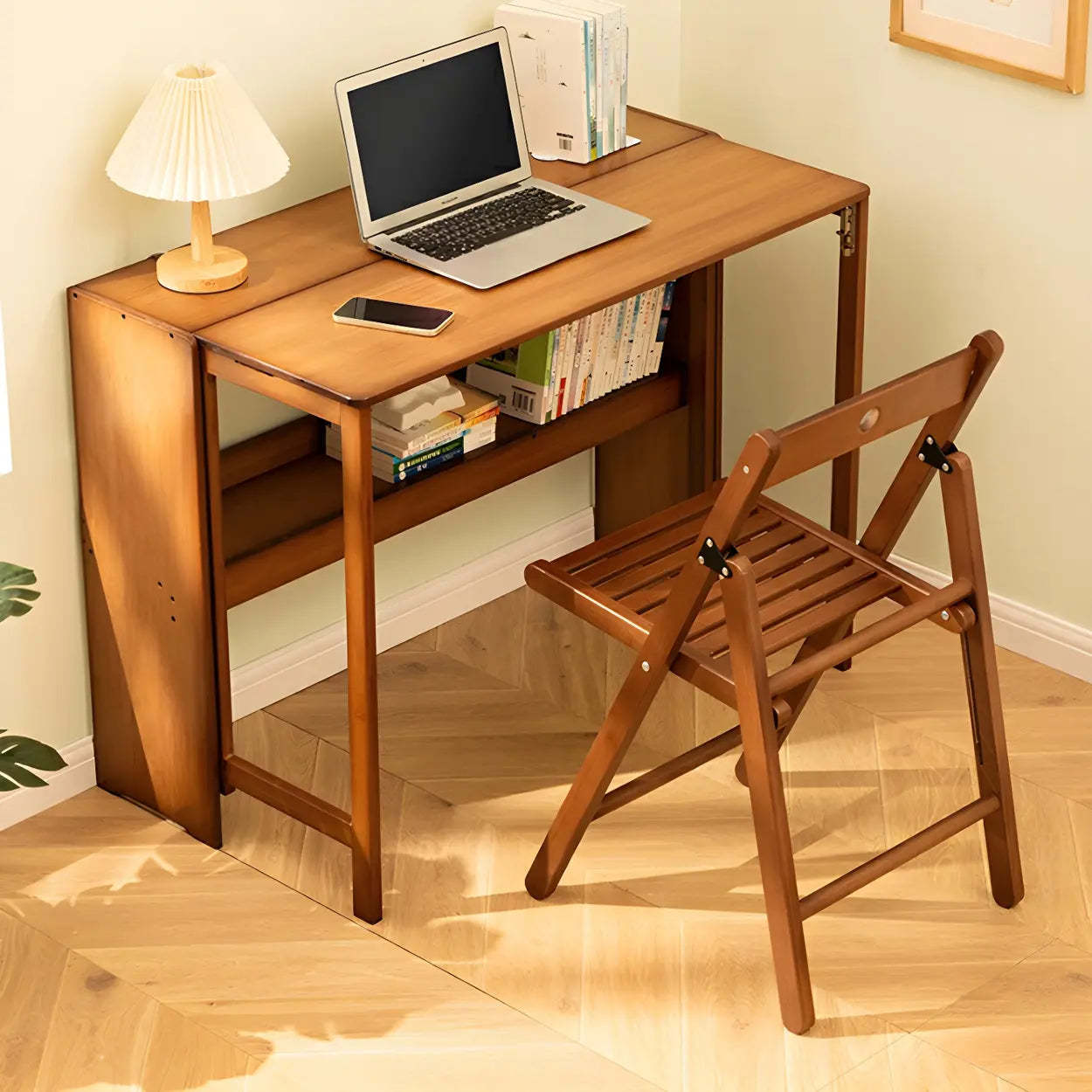 Foldable Wood H-Base Writing Desk with Shelf