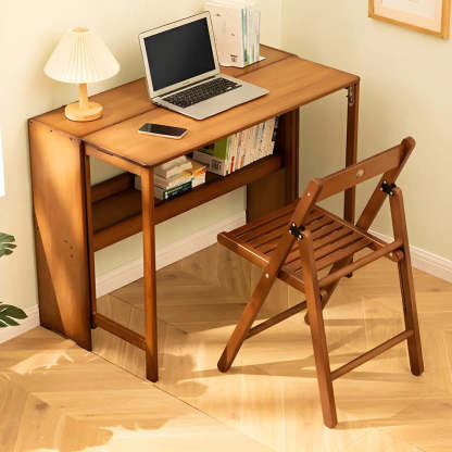 Foldable Wood H-Base Writing Desk with Shelf